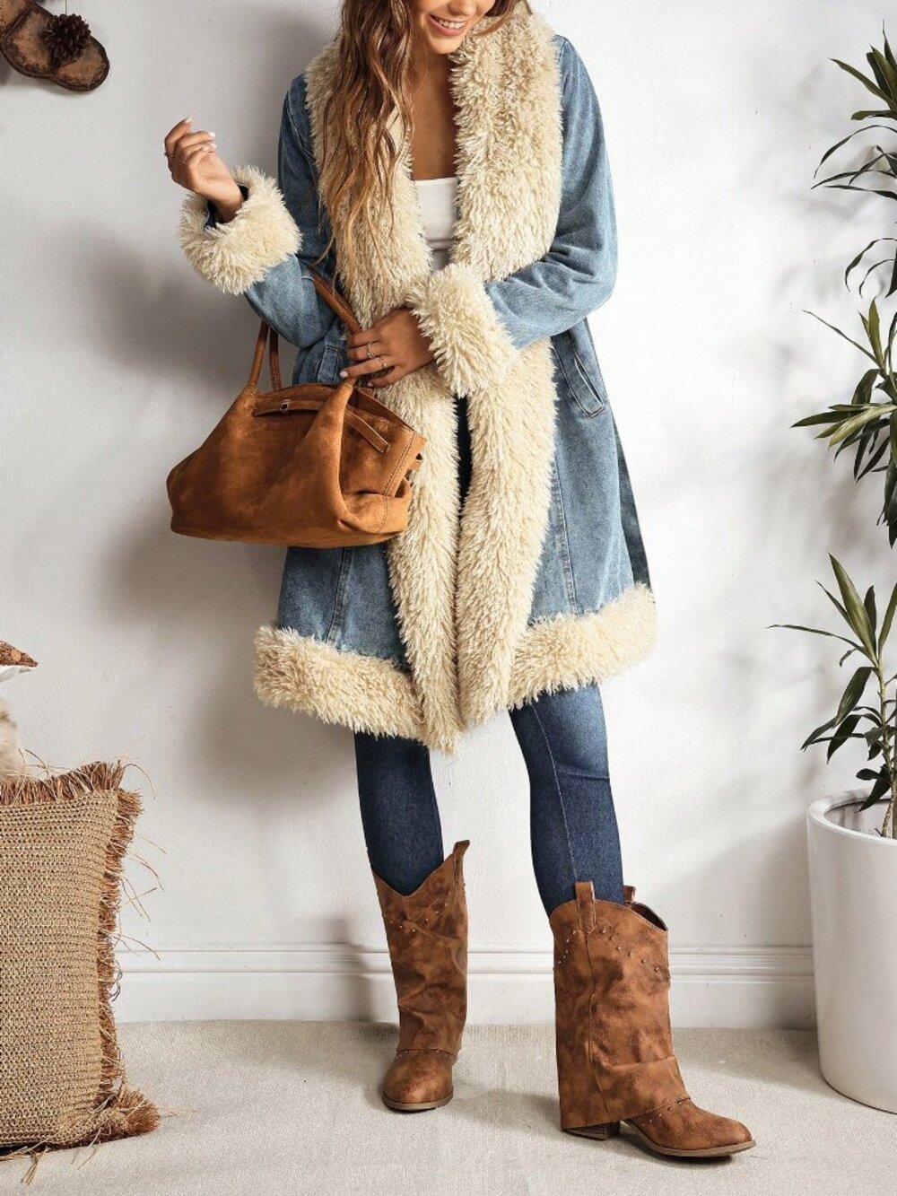 Blue Casual Women's Fuzzy Patchwork Denim Jacket - Picture 5 of 7